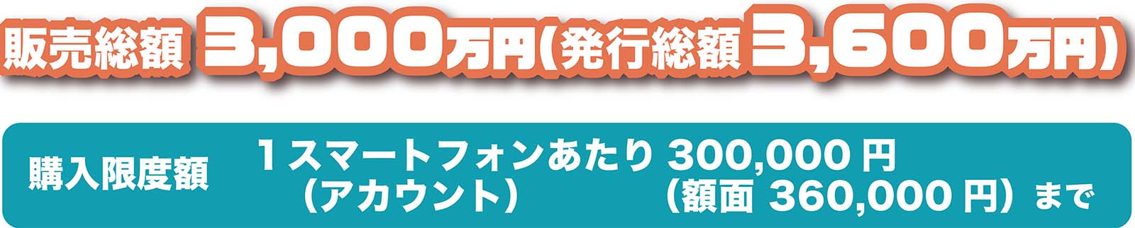 販売総額 3,000万円(発行総額 3,600万円)　購入限度額1スマートフォン (アカウント)あたり 300,000円(額面 360,000円)まで　残額利用可　ハコぽっぽキャッシュレスハコペイ　ハコペイ6,000円　2025年1月5日 (日) まで有効